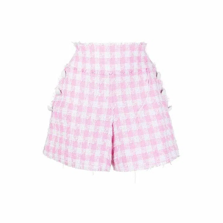 Button-Embellished Gingham Tweed Shorts, $1,040, Balmain at Farfetch
