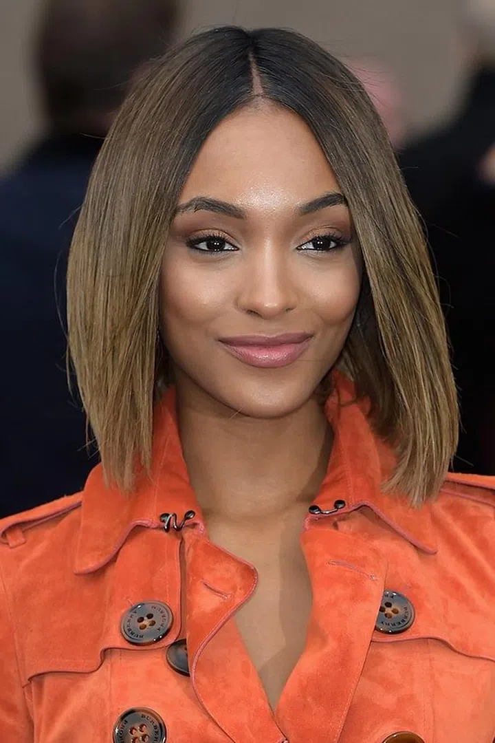 Sleek and straight is a never-fail option for a shoulder-grazing bob like Jourdan Dunn’s.
