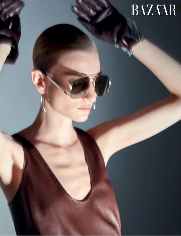 Top; gloves; sunglasses; earrings, Saint Laurent by Anthony Vaccarello