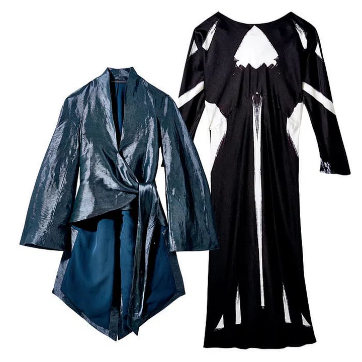 Designer Maria Grachvogel’s
cocktail-ready fall/winter 2016 collection is the answer to all your corporate party anxieties. Grachvogel’s slinky jumpsuits and draped dresses ooze
sophistication with just the right amount of class: Our favourites are a kimono-style wrap jacket in metallic blue, and the printed dresses to take
you from day to night. (From left: Jacket, $4,110; dress, $1,940, Maria Grachvogel)