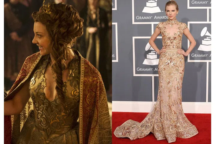 Margaery Tyrell: At her wedding to King Tommen Baratheon.

Taylor Swift: In Zuhair Murad Couture at the 2012 Grammys. Photo: HBO/Getty