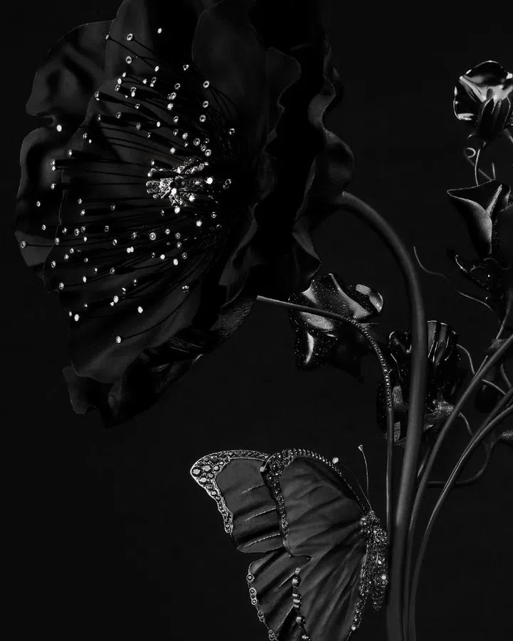 Details of Composition No. 1 in matte black titanium, Vantablack® coating, onyx, black aventurine glass, matte-black titanium body, black spinels, transparent black glass, 3D-printing black sand.