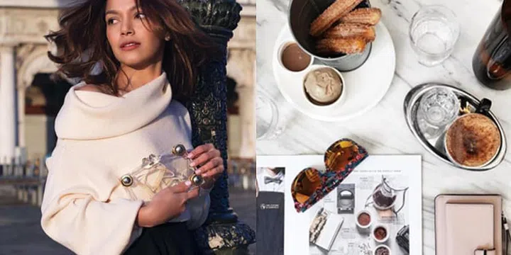 From left: Michelle catches the sunlight on one of her fabulous travels; one of her numerous gorgeous flatlays seen on her Instagram feed. Photo: Instagram (@bubblymichelle)
