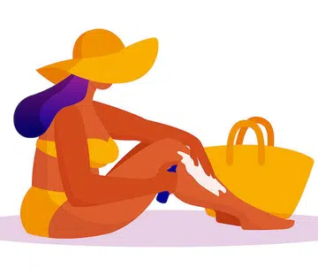 Sun protection vector illustration. Flat female character using sun care spa cream at the beach. Tanning curvy woman isolated on white background.