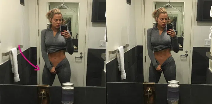 Khloe managed to bend a door frame and skim her thigh in one swoop - but later deleted the Photoshopped version in favour of the un-edited version. So, of course eagle-eyed followers noticed the swap. Photo: @khloekardashian