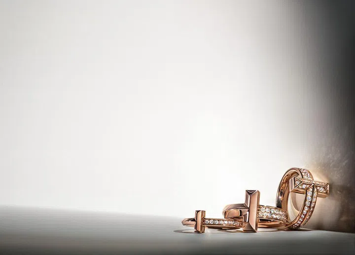 From left:  Tiffany T1 ring in 18k rose gold with diamonds (4.5 mm); Tiffany T1 ring in 18k rose gold with diamonds (2.5 mm); Tiffany T1 ring in 18k rose gold with diamonds (4.5mm). (Photo: Tiffany & Co.)
 