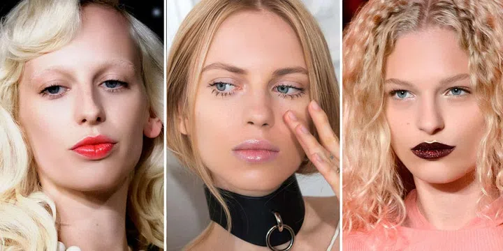 Switch up your lip look by wearing a simple clear or light pink gloss by day, then swap for something a little darker by night. Try out a blurred bitten lip by opting for a bright pink or red lip gloss that slowly fades out towards the outer edges of the lip, as seen at Charlotte Olympia. Statement glitter lips also featured at Fendi and DKNY in a range of complementary and extravagant hues. 
