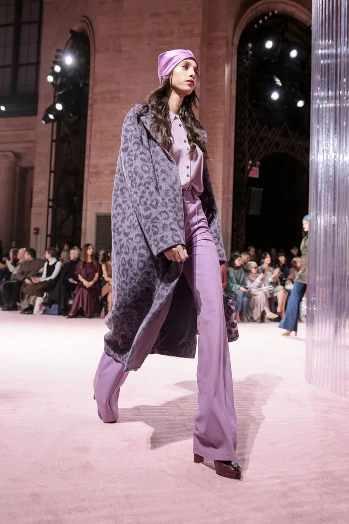 Nicola Glass took to the runway for the second time with a collection that was as true to the brand's original codes as it was a distillation of her own vision. She evoked the eclectic '70s with vibrantly coloured pantsuits in high-waisted and flare-legged silhouettes, colour-blocked denim, and leopard prints on flowly midi dresses and pea coats. Throughout her line-up, Class infused the brand's trademark colour show with her own refined restraint—punchy pink and purple hues were interjected with deeper jewel tones or, less frequently, grounded with neutrals. The accessories were desirable in their simplicity—models donned silky turbans and knee-high lace-up boots, strutting down the runway with bags doubled up for both utility and style. 