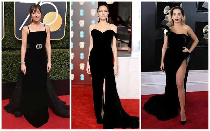 Velvet continues to capture celebrity hearts with the likes of Dakota Johnson and Angelina Jolie rocking the red carpet in the sumptuous material. It's always a favourite throughout the colder months and into the early spring. So how to wear it?

“Opt for a loose wide leg trouser, a figure hugging dress, a heel or even a slipper," says Martha. "Whatever you choose, a velvet number will always solve a ‘what to wear tonight’ dilemma. This is because it’s chic in its own right and needs little else for dressing up.” We're sold.
Dakota Johnson in Gucci, Angelina Jolie in Ralph &amp; Russo, Rita Ora in Ralph &amp; Russo
Photo: Getty