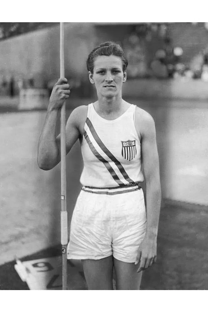 American athlete Babe Zaharias holding a javelin and wearing her Olympic uniform. Photo: Getty