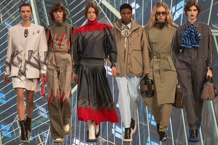 The utilitarian looks from Louis Vuitton fall/winter 2025 with print that resembles a European train’s seat upholstery and work wear