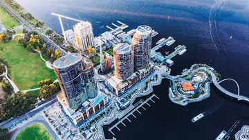 An aerial view of Perth’s buzzing Elizabeth Quay.