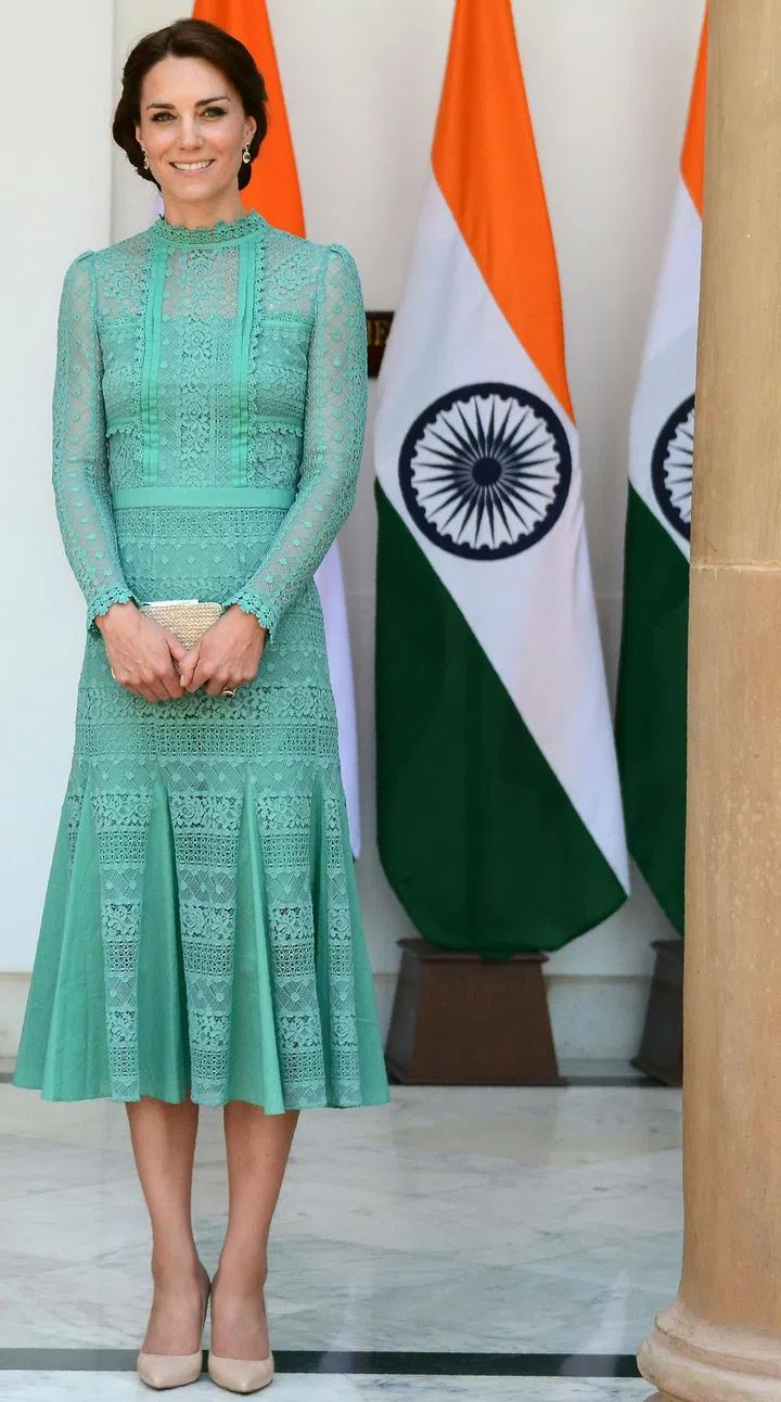The Duchess looked elegant in a sheer, seafoam green frock with pleated details as she attended a lunch event at Hyderabad House in New Delhi with Indian Prime Minister Narendra Modi.