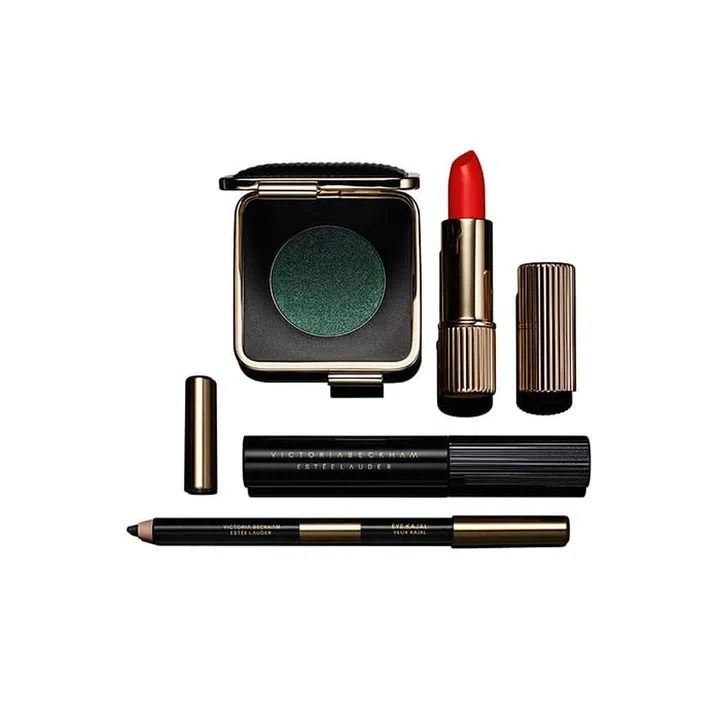 Clockwise from top center:
Victoria Beckham Estée Lauder Eye Metals Eyeshadow in Charred Emerald ($45) If VB got green with envy, it would be in this burnished hue.
Victoria Beckham Estée Lauder Lipstick in Chilean Sunset ($45) Posh rarely strays from nude lips. When she does, it's with the perfect orange-red.
Victoria Beckham Estée Lauder Eye Foil in Burnt Anise ($36) A silver-spiked, jet black take on liquid liner.
Victoria Beckham Estée Lauder Eye Kajal Duo in Black Saffron/Vanille ($30) Photo: Estée Lauder