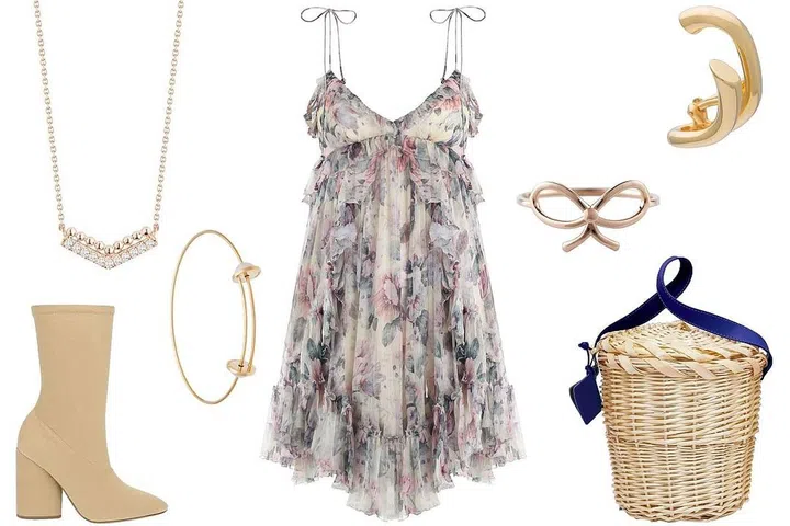 Dana Rebecca Designs necklace, $495, Zimmermann dress, $750, Art Youth Society ring, $330, Charlotte Chesnais ear cuff, $425, Lindroth Design basket, $150, Delfina Delettrez bracelet, $2,360, Yeezy boot, $595. 
