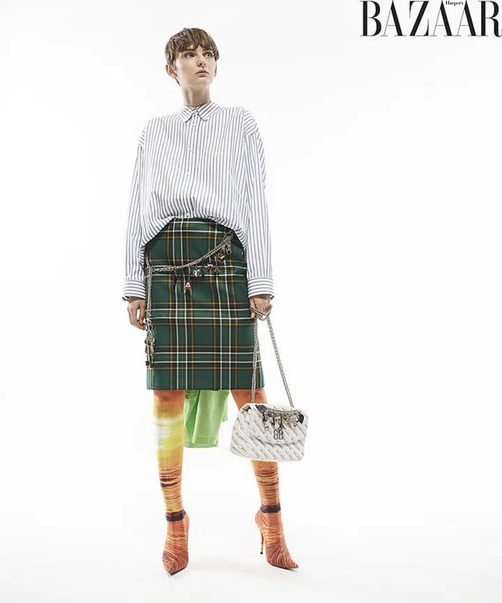 Balenciaga shirt, skirt, boots, and bag