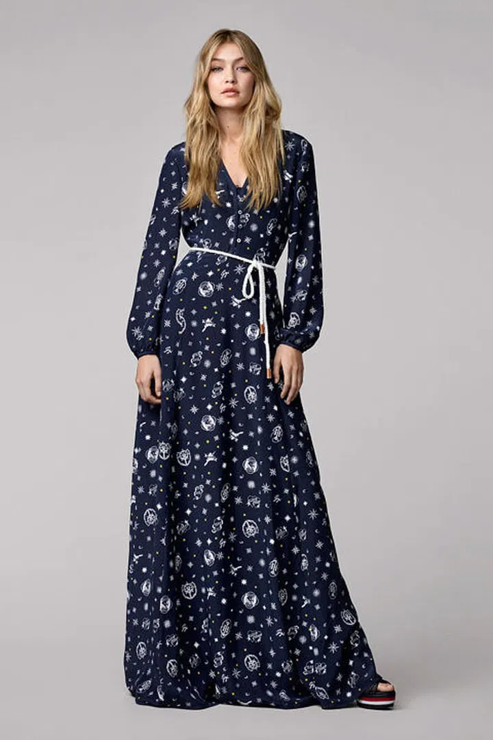 Silk maxi-dress and rope sandals.