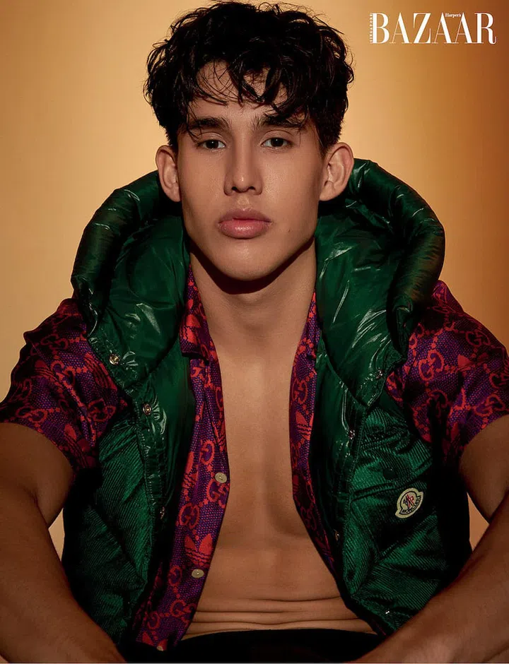 Mahler wears vest, from 1 Moncler JW Anderson; shirt, from adidas x Gucci; shorts, from Dolce&Gabbana. (Photo:  Phyllicia Wang)