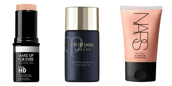From left: Make Up For Ever’s Ultra HD Invisible Cover Stick Foundation, Clé de Peau Beauté Sheer Fluid Veil, NARS Illuminator (in Hot Sand). Photo: Courtesy of brands