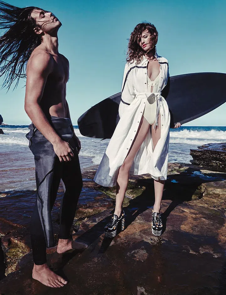 Cotton dress. Lycra swimsuit, Eres. Studded leather platform shoes, Gucci