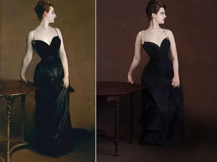From left: John Singer Sargent’s Madame X, 1883-84; On Hari: Oscar de la Renta jumpsuit $2,990, and scarf, $3,990, oscardelarenta.com; David Webb necklaces (worn as straps), price upon request, davidwebb.com; David Yurman hairpins (on strap), $6,200 or two, davidyurman.com; Lulu Frost hair comb, $88, lulufrost.com. Photo: PARI DUKOVIC