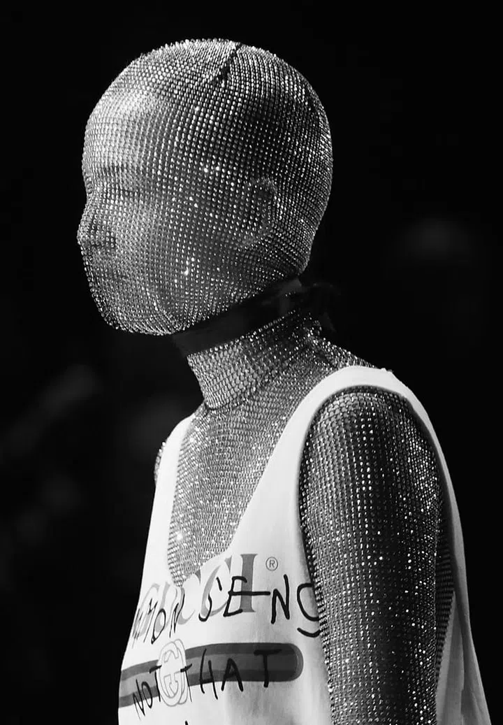 A crystal mesh body stocking from the Fall 2017 runway show in March. Photo: Getty 