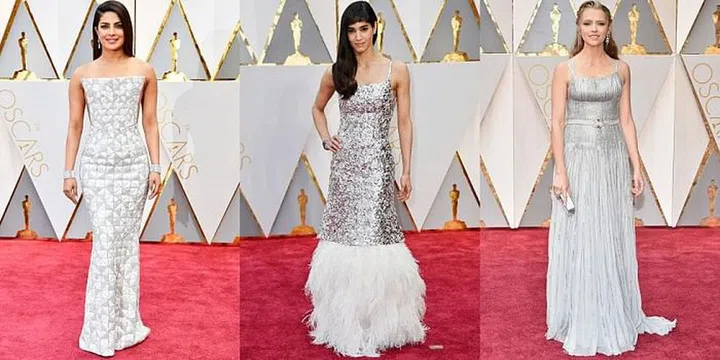 Playing foil to the golden girls above, some stars shot the moon in shimmering sterling and platinum tones. Left to right: Priyanka Chopra in Ralph & Russo, Sofia Boutella in Chanel, Teresa Palmer in Prada