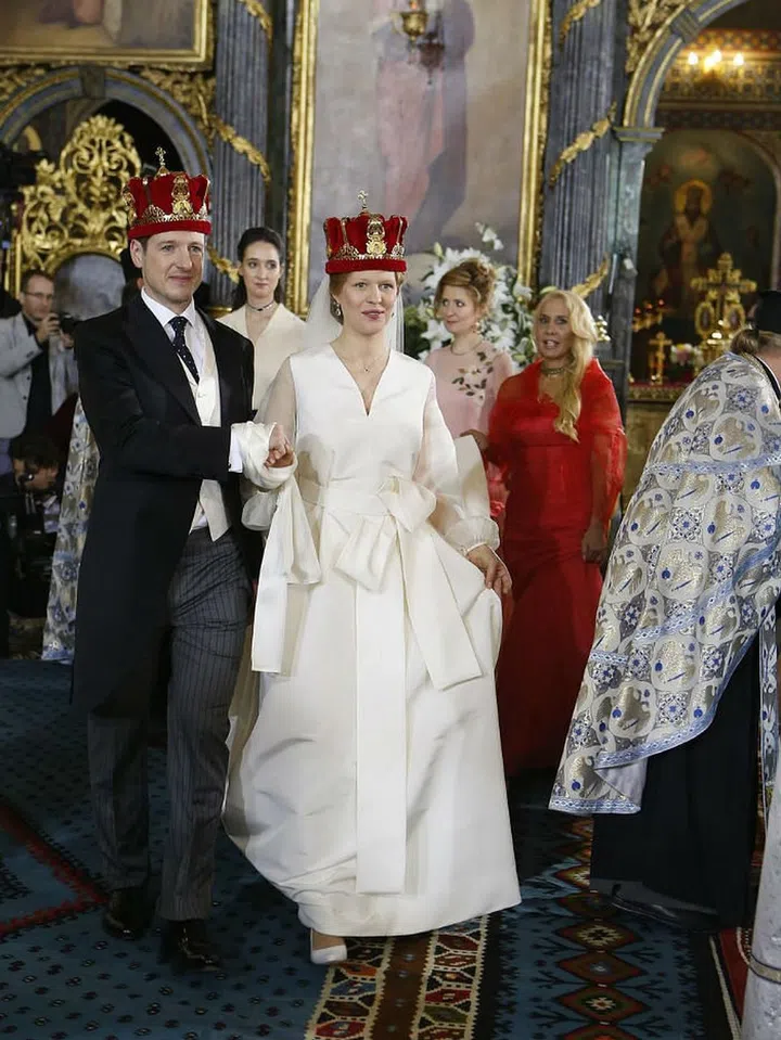 Prince Philip of Serbia and Danica Marinkovic during their church wedding at The Cathedral Church of St. Michael the Archangel on October 7, 2017 in Belgrade, Serbia.