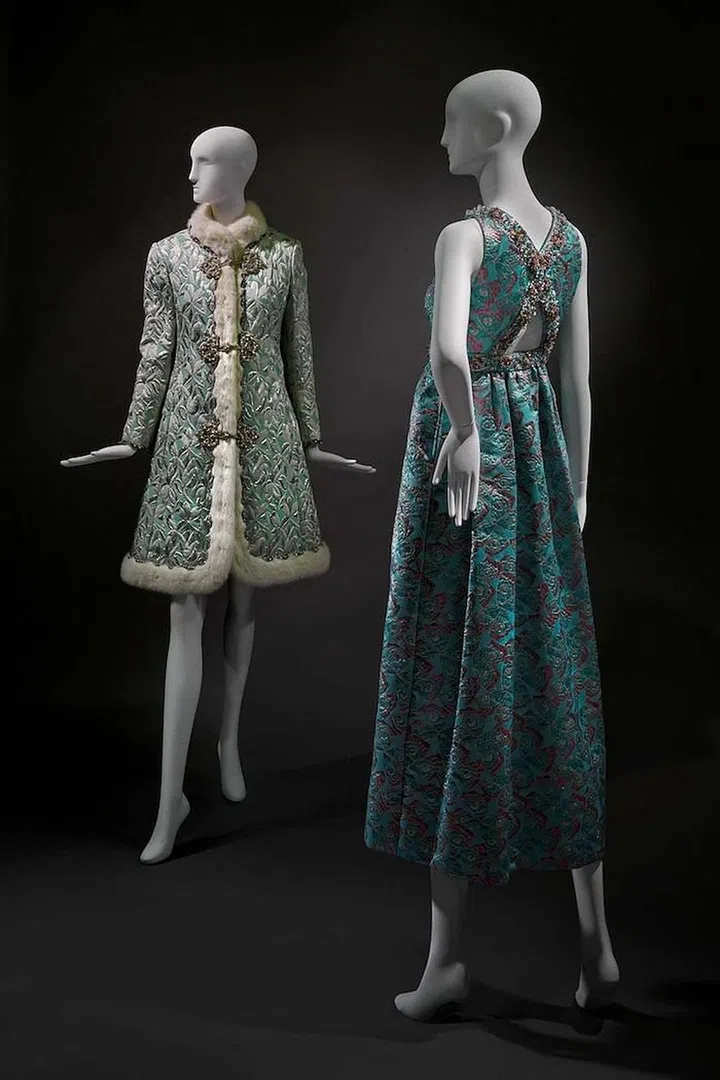 Left: Oscar de la Renta, Coat and Dress Ensemble, fall 1968, novelty weave fabric, fur, and brilliants, the Museum of Fine Arts, Houston, gift of an anonymous lady.
<br>
Right: Oscar de la Renta, Evening Ensemble, 1960–69, silk, metallic thread, brilliants, plastic beads, sequins, and feathers, the Museum of Fine Arts, Houston, gift of Margaret Alkek Williams.

