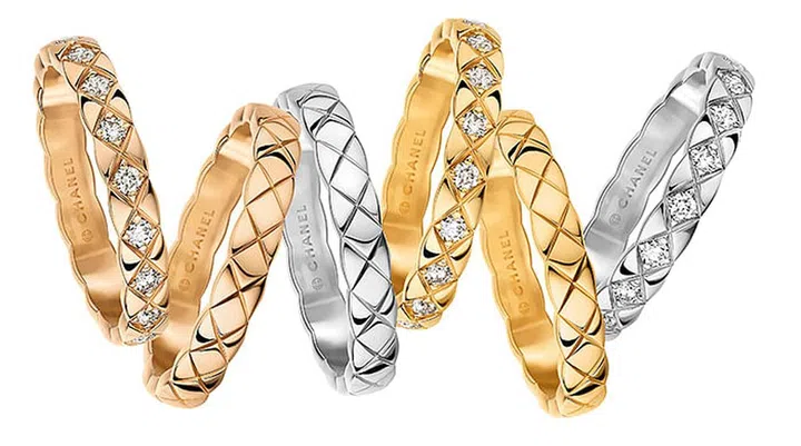 From left: Coco Crush Mini Ring in beige gold with diamonds, $4,650; beige gold, $1,900; white gold, $1,950; yellow gold with diamonds, $4,600; yellow gold, $1,800; white gold with diamonds, $4,600