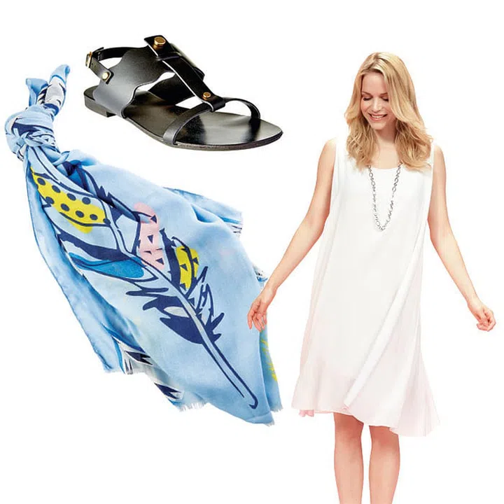 A. Browns & Co. - Made in Italy prides itself on creating high quality pieces for the modern woman. Timeless and precisely tailored, each piece offers great comfort and style, and to make things even easier, dedicated staff in-store will help choose the perfect fit for you. (Scarf, $39; sandal, $189; dress, $159, A. Browns & Co.- Made in Italy.