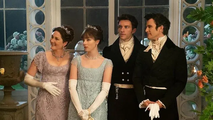 (L to R) Ruth Gemmell as Lady Violet Bridgerton, Claudia Jessie as Eloise Bridgerton, Jonathan Bailey as Anthony Bridgerton, and Luke Thomspon as Benedict Bridgerton (Photo: Netflix)