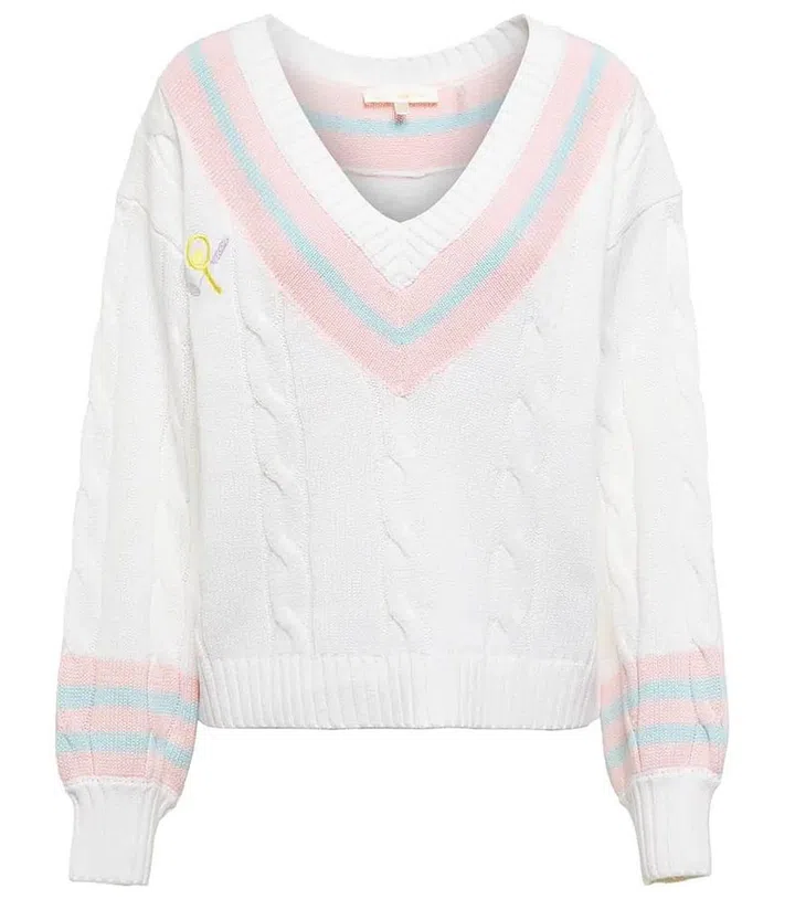 Malaine Cable-Knit V-Neck Sweater, $505, LOVESHACKFANCY at Mytheresa