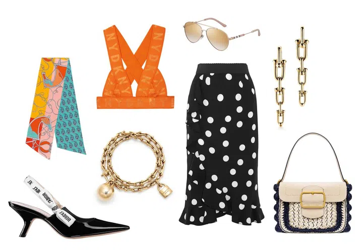 Scarf, Hermès. Pump, Dior. Bra top, DKNY. 18k yellow gold Tiffany HardWear wrap bracelet, Tiffany &amp; Co. Sunglasses, Burberry. Skirt, Dolce &amp; Gabbana. 18k yellow gold Tiffany Hardwear graduated link earring, Tiffany &amp; Co. Bag, Tory Burch. 