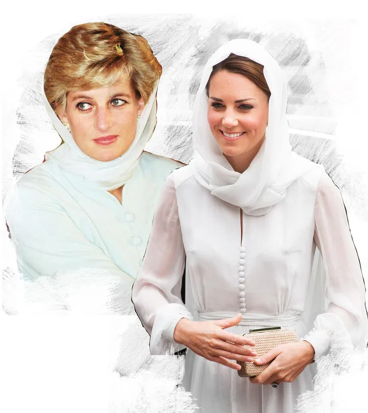 Diana visits Shaukat Khanum Memorial Hospital in Pakistan in 1996; Kate visits Assyakirin Mosque in Malaysia in 2012.