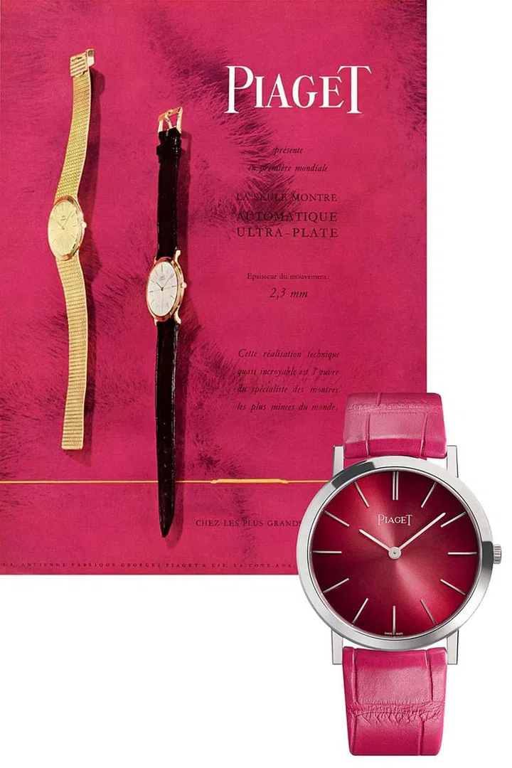 His and hers Altiplano-style watches from Piaget introduced revolutionary ultra-thin movements in the '50s. A new, limited edition 60th anniversary piece replicates the minimalist style in 18K white gold with a hot pink dial and matching alligator strap.

Altiplano 34mm 60th Anniversary edition, USD17,300; piaget.com
