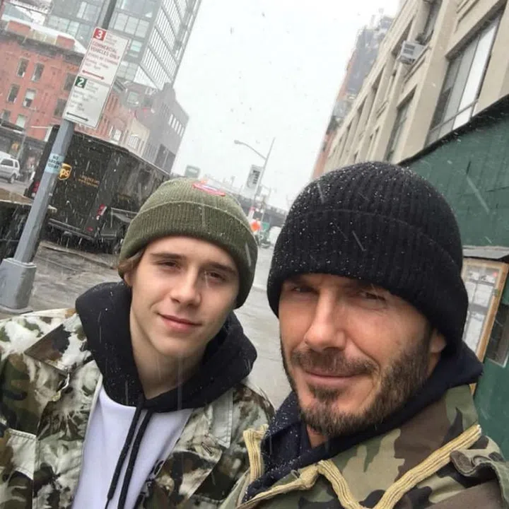 Making a case for grown-up dad-and-me style, David and Brooklyn Beckham snapped a selfie in matching outfits while out in New York. The duo wore camo jackets, black hoodie sweatshirts and beanies. Photo: Instagram