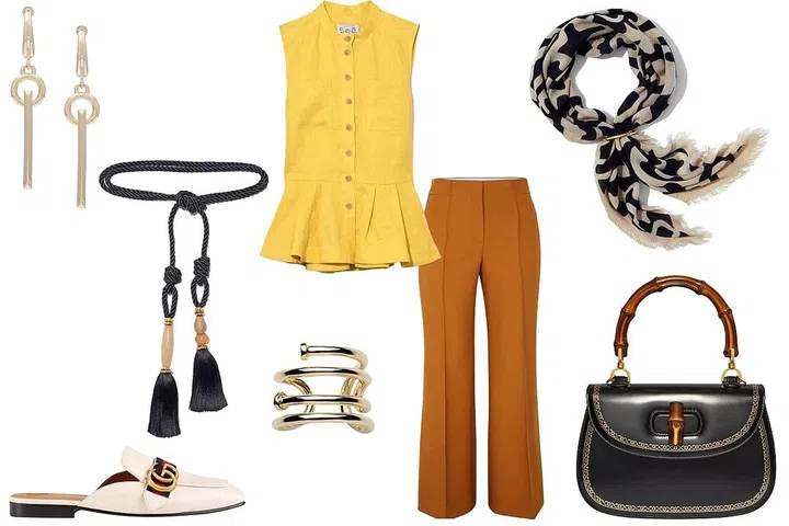 Eddie Borgo earrings, $185, Lizzie Fortunato belt, $295, Sea top, $285, Dorothee Schumacher pants, $490, Lizzie Fortunato scarf, $195, Gucci bag, $3,500, Jennifer Fisher ring, $165, Gucci shoe, $750, 
