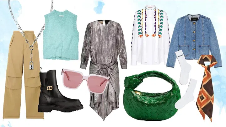 Clockwise from top: Trousers, $1,010, Dion Lee. Necklace, Hermès. Top, Acne Studios. Dress, $9,410, Gucci. Top, $6,300, Valentino. Jacket, Coach. Scarf, $580, Saint Laurent by Anthony Vaccarello. Socks, about $61, Jacquemus. Bag, $4,200, Bottega Veneta. Sunglasses, $560, Prada. Boot, $2,550, Dior.