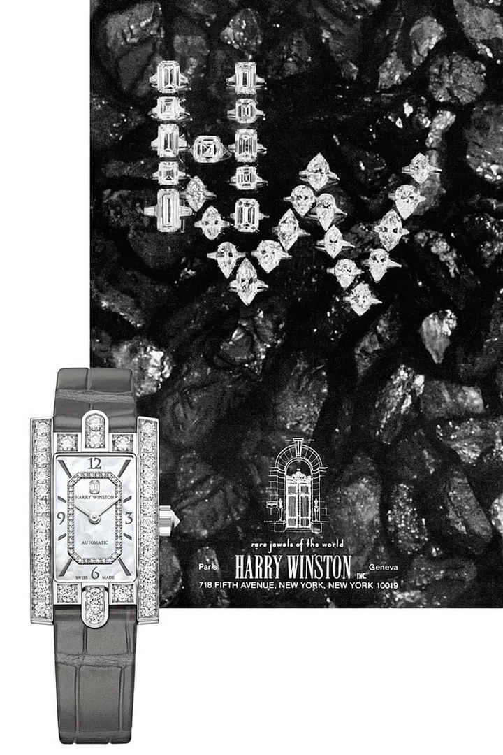 Harry Winston is known for its exquisite jewels, and an eye-catching black and white ad from '70s showcases its striking diamond rings and the brand's Fifth Avenue Salon Art Deco entryway. The storefront serves as style inspiration for the monochromatic Avenue watch, an 18K white gold automatic timepiece set with 77 brilliant-cut diamonds and one emerald-cut diamond set at 12 o'clock.

Avenue Classic Automatic in 18k White Gold, price upon request; harrywinston.com