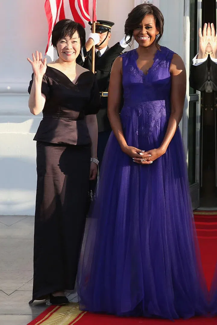 Michelle Obama wears an elegant Tadashi Shoji gown with appliqué details on the bodice and a tulle skirt.