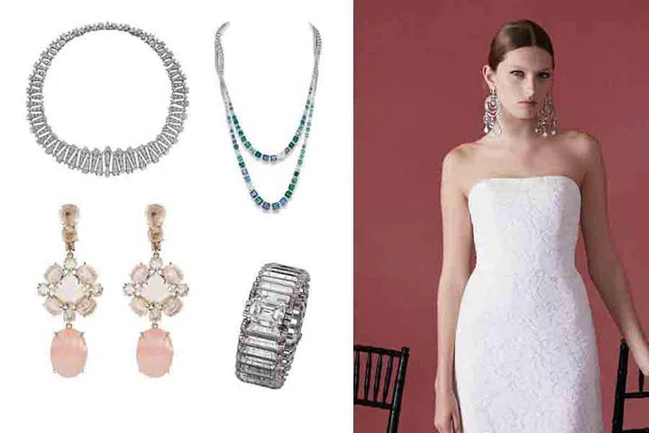 Clockwise from top left: Cartier Magicien platinum diamond necklace. Tiffany Blue Book 2016 tanzanite, blue and green tourmaline, aquamarine and diamond necklace, from Tiffany & Co. Cartier Magicien white gold diamond bracelet. Bounkit rose quartz, topaz and clear quartz earrings, from www.pinwheeljewels.com.