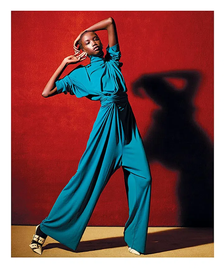 Balenciaga jumpsuit, tights, and shoes