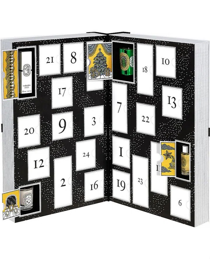 Comprises 24 items, including Figuier mini candle, Eau Duelle EDT, Ambre mini candle, Myrrhe mini candle, L’Ombre sans L’Eau EDT, Pomander mini candle, 34 EDT, 34 mini candle, Smoothing Body Polish, Eucalyptus mini candle, Tam Dao EDT, Oranger mini candle, Benjoin mini candle, Infused Facial Water, Doson EDT, Cypres mini candle, Opopanax mini candle, Vetiver EDT, Noisetier mini candle, Feu de Bois mini candle, Genevrier mini candle, Oud mini candle, Philosykos EDT, Vanille mini candle, Christmas candle small full size (one of three)