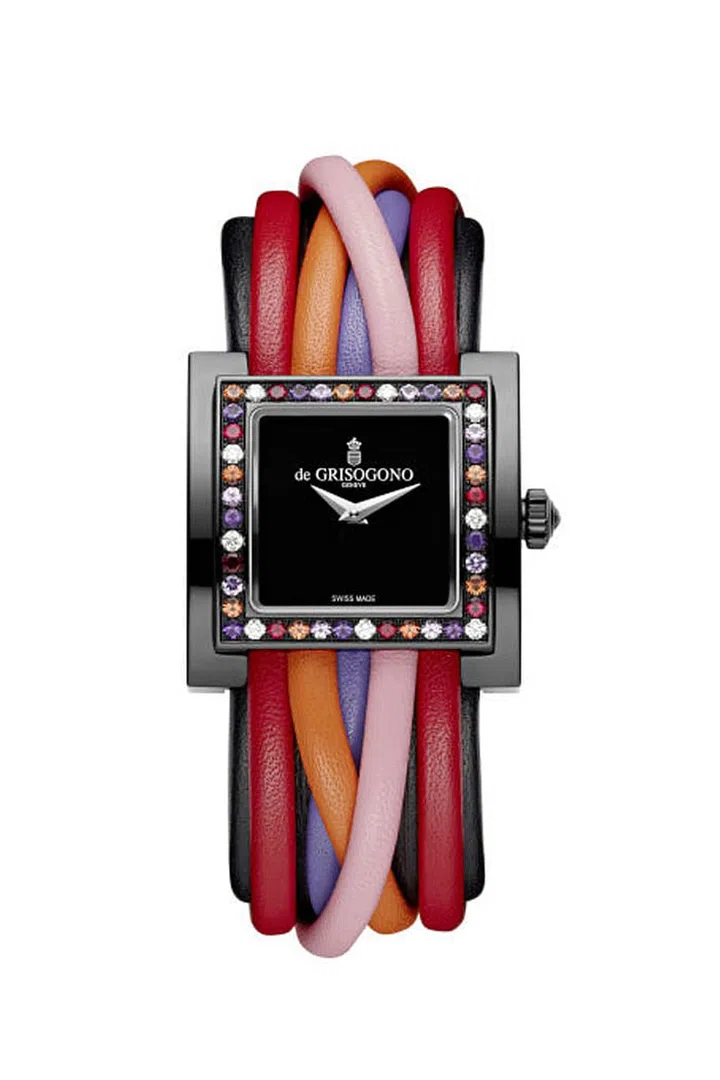 Mixing and matching bracelets with a timepiece is a trend that doesn't appear to be going away anytime soon. Jeweler de Grisogono takes this idea one step further, taking a watch with a black lacquer dial and surrounding it with a bezel of orange and pink sapphires, diamonds, red spinels, and purple amethysts. The wide leather strap appears wrapped with multicolor leather cords, wittily resembling the chicest stack of friendship bracelets you've ever seen.
de Grisogono Allegra Timepiece, $10,200. Available at de Grisogono, 824 Madison Avenue, New York City, 212-439-4220 or degrisogono.com