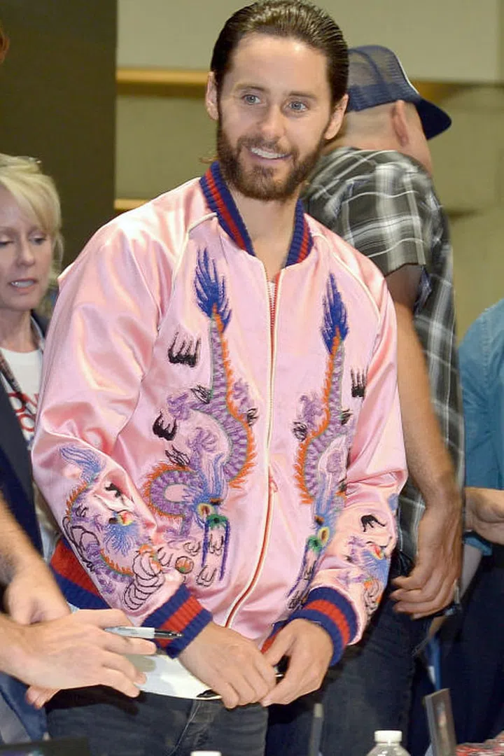 Jared Leto in a Gucci bomber at San Diego Comic Con. Photo: Getty