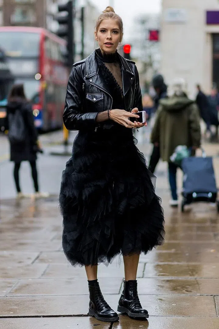 Contrast different textures of the same colour like leather and tulle for an interesting twist.