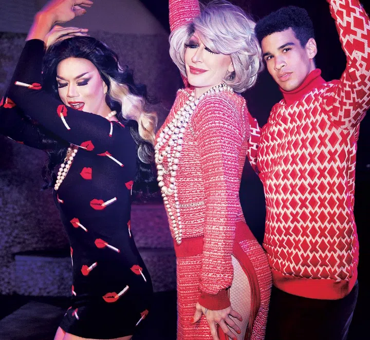 Manila Luzon (left) wears dress, Moschino. Necklace, Chanel. Detox (centre) wears top; skirt; necklaces, Chanel. Right: Sweater, Moncler. Pants, Shanghai Tang 