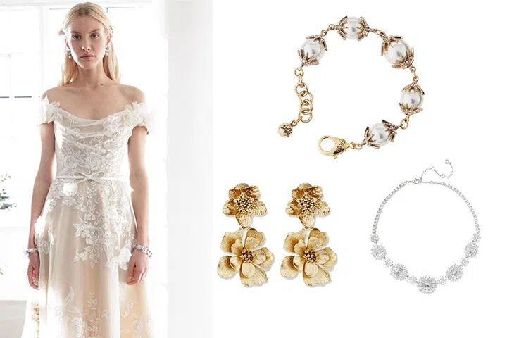 Clockwise from top: Lula Frost pearly glass bead and 24K gold-plated brass bracelet, from www.neimanmarcus.com. Kenneth Jay Lane silver-plated cubic zirconia necklace, from www.net-a-porter.com. Oscar de la Renta gold-plated earrings with crystals, from www.neimanmarcus.com