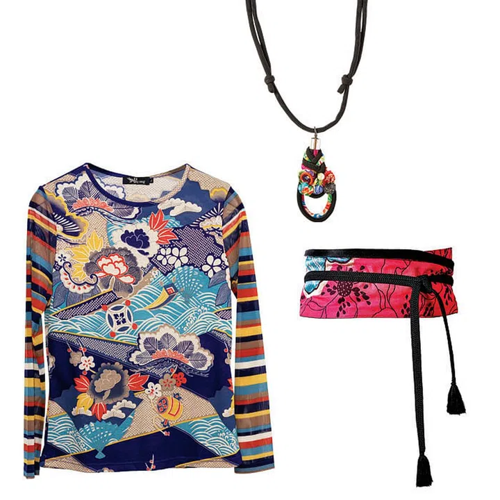 Trust the Japanese to be way
ahead of everyone on the
upcycling trend: At Patch Magic, Akiko Silva has been repurposing old kimono fabrics since 1988, in addition
to importing traditional Yuzen-dyed goods and Edo Komon (a kimono style first worn by samurais) from workshops in Japan. A virtual shrine to Japanese textile arts, Patch Magic is your destination for soft furnishings and garments crafted in beautiful silk and indigo cottons. (Clockwise from top: Necklace, $84; obi belt, $98; top, $254, Patch Magic)